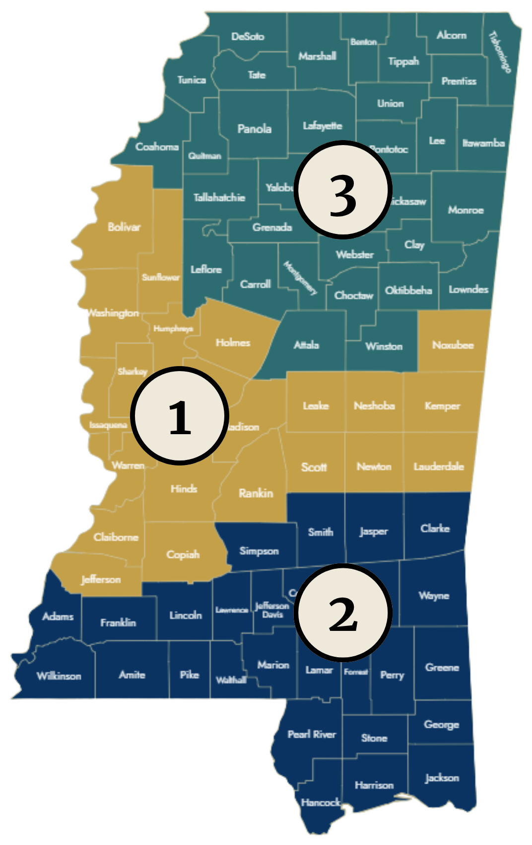 Map of the three Mississippi Supreme Court Districts, which define the geographic representation for consumer members of the Mississippi State Board of Medical Licensure